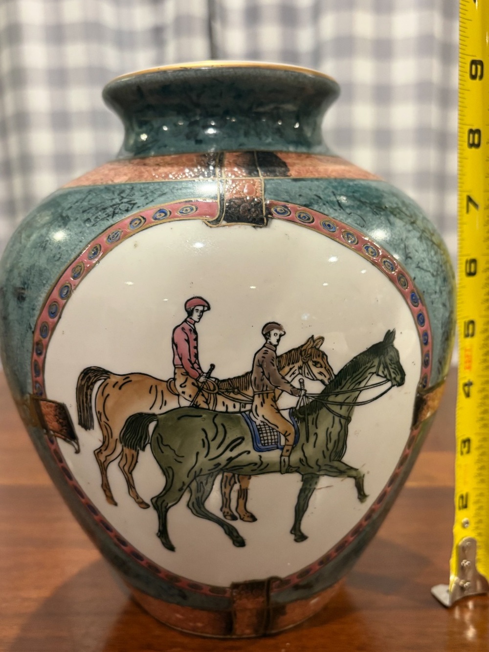 Hand-Painted Equestrian Ceramic Vase in Teal and Cream